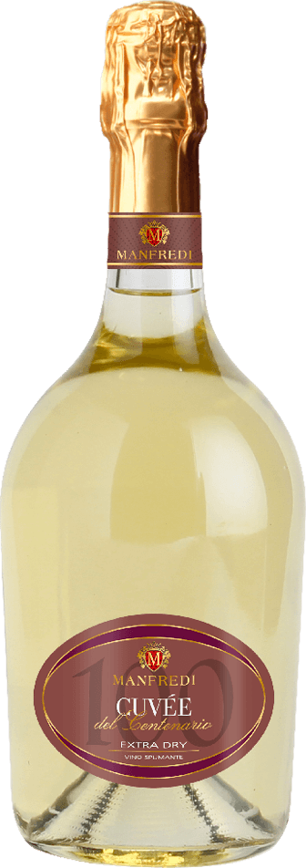 Garrafa original de Manfredi Cuvée del Centenario Extra Dry, cápsula dourada e rótulo marsala.
