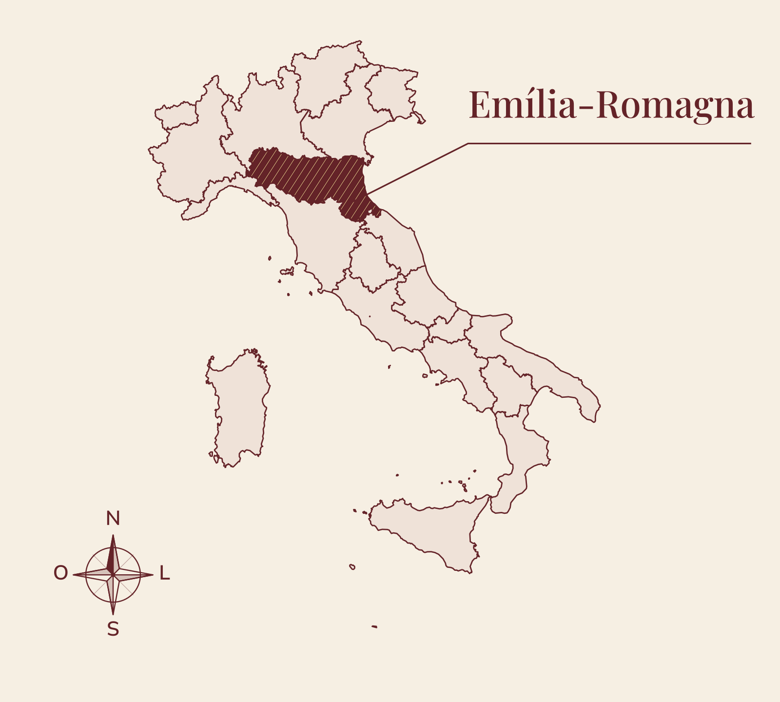 Mapa da It&aacute;lia com a Em&iacute;lia-Romagna destacada e b&uacute;ssola.