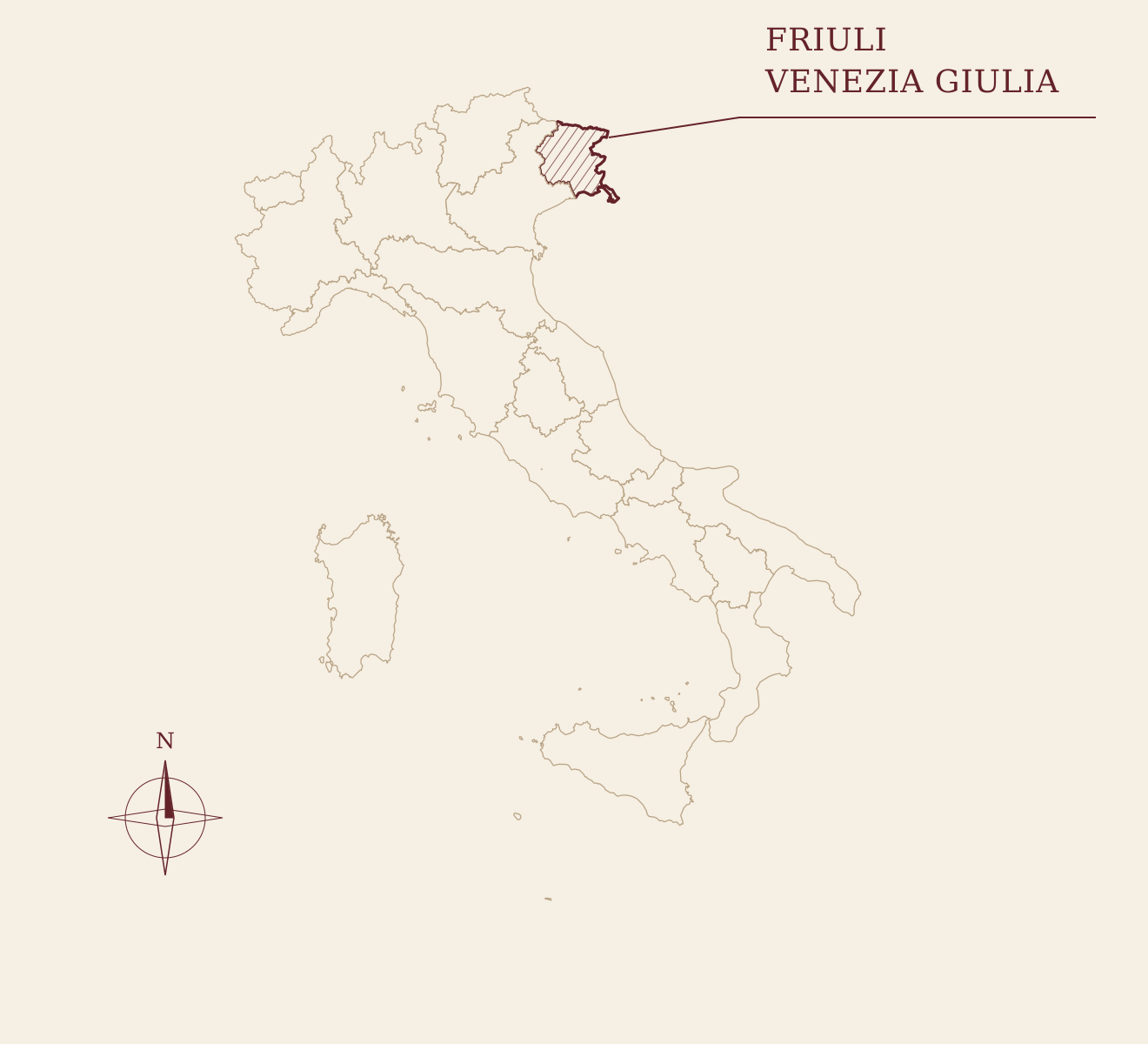 Mapa da Itália com Friuli-Venezia Giulia destacado em marsala, no nordeste, e bússola indicando o norte.