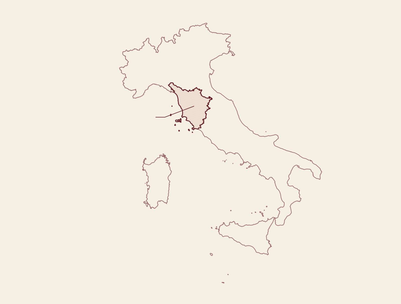 Mapa da It&Atilde;&iexcl;lia com a Toscana destacada em marsala e b&Atilde;&ordm;ssola com o norte para cima.