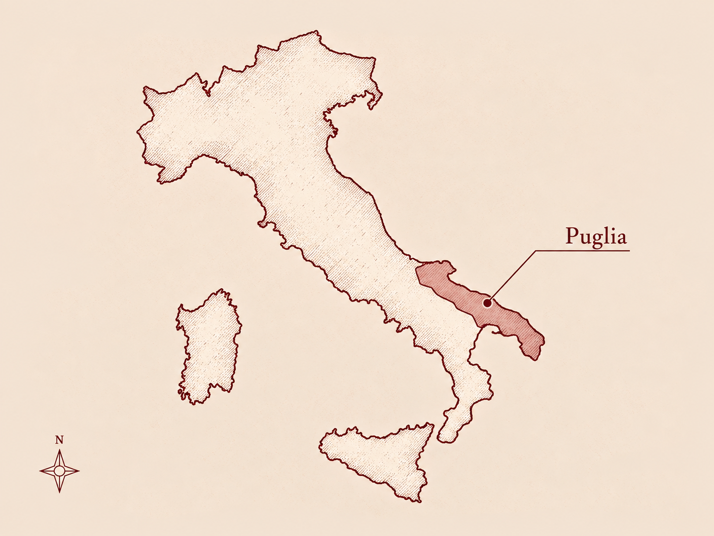 MAP-PUGLIA · substituir somente src pela URL de due-italia-puglia-cartografia.png Itália inteira com somente a Puglia destacada; a marcação representa a região, não vinhedos.