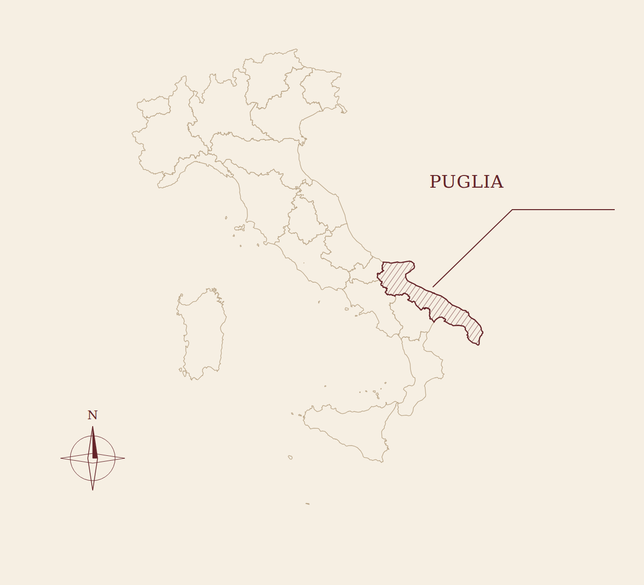Mapa da It&aacute;lia com Puglia em destaque e b&uacute;ssola.