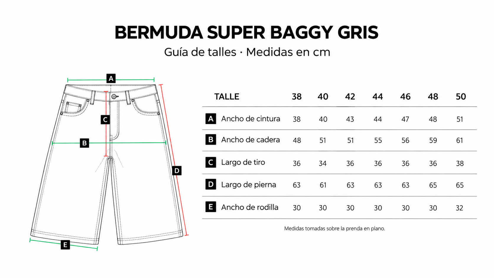Guía de talles de Bermuda super baggy gris: medidas en centímetros, talles 38 al 50