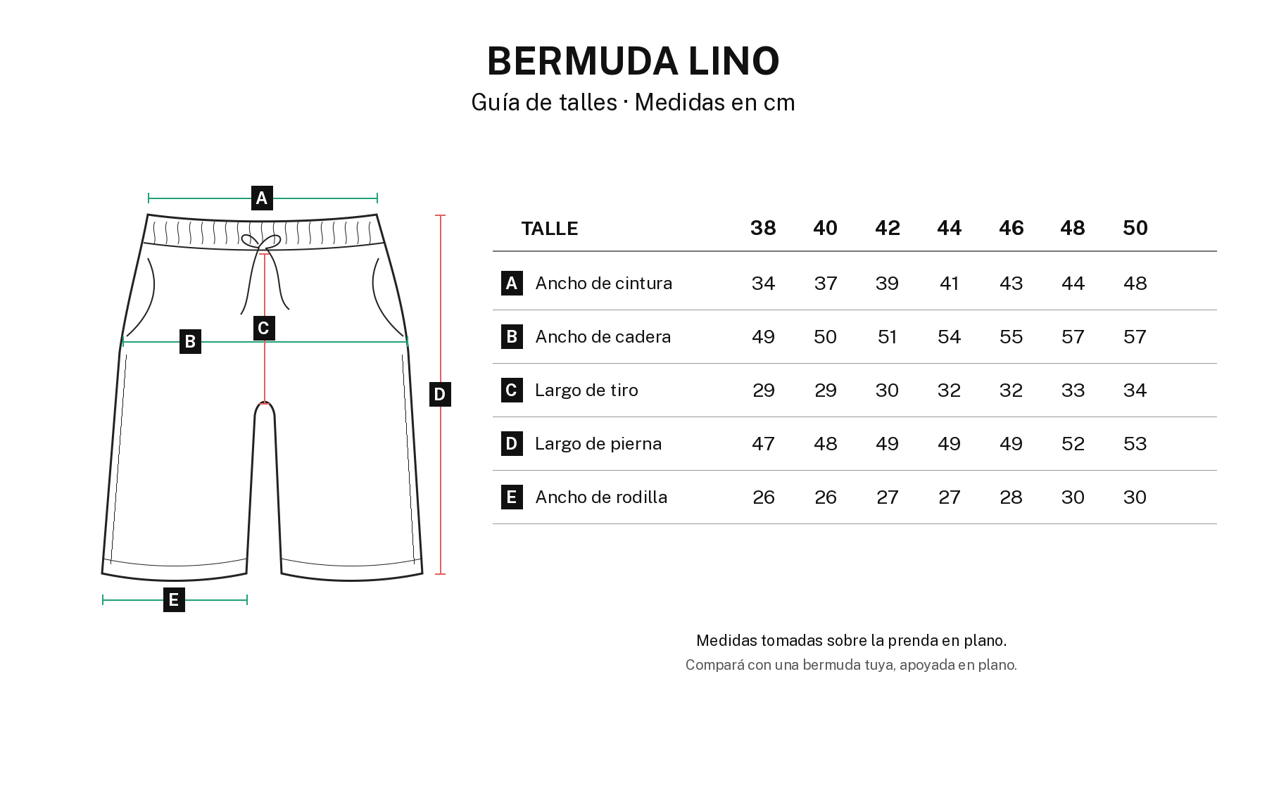 Guía de talles BERMUDA LINO: medidas en centímetros, talles 38 al 50, cintura elastizada con cordón