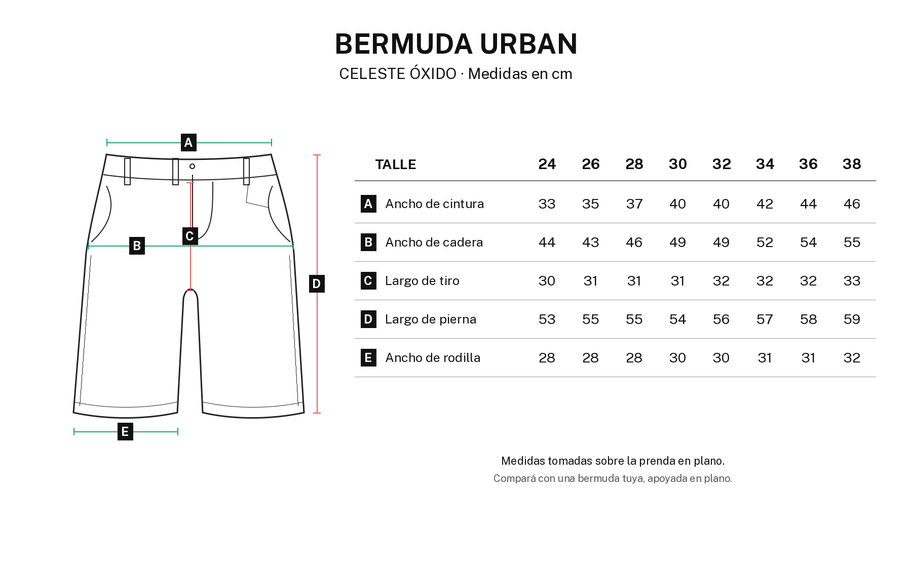 Guía de talles BERMUDA URBAN CELESTE ÓXIDO: medidas en centímetros, talles 24 al 38