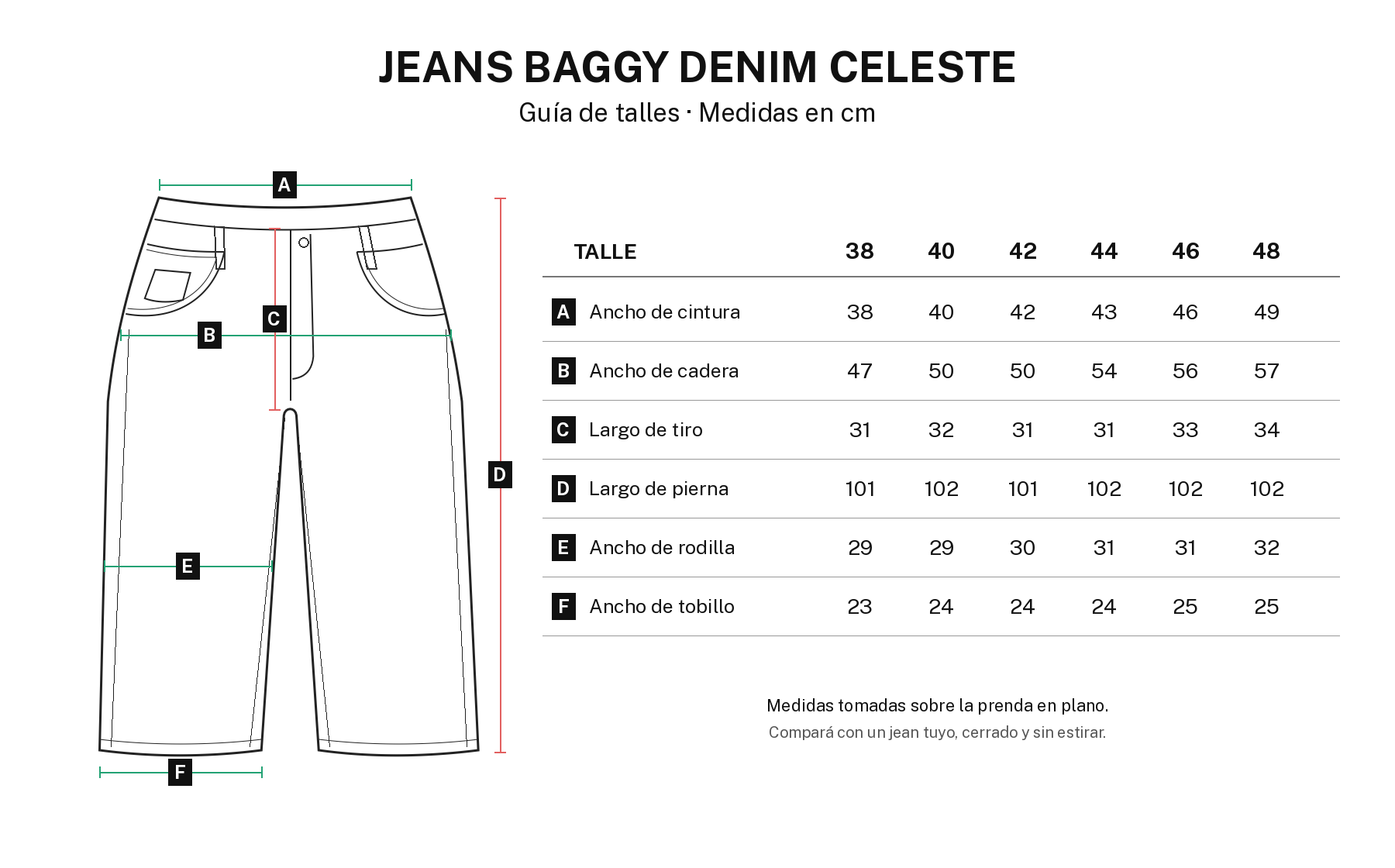 Guía de talles JEANS BAGGY DENIM CELESTE: medidas en centímetros, talles 38 al 48 y dibujo de calce baggy