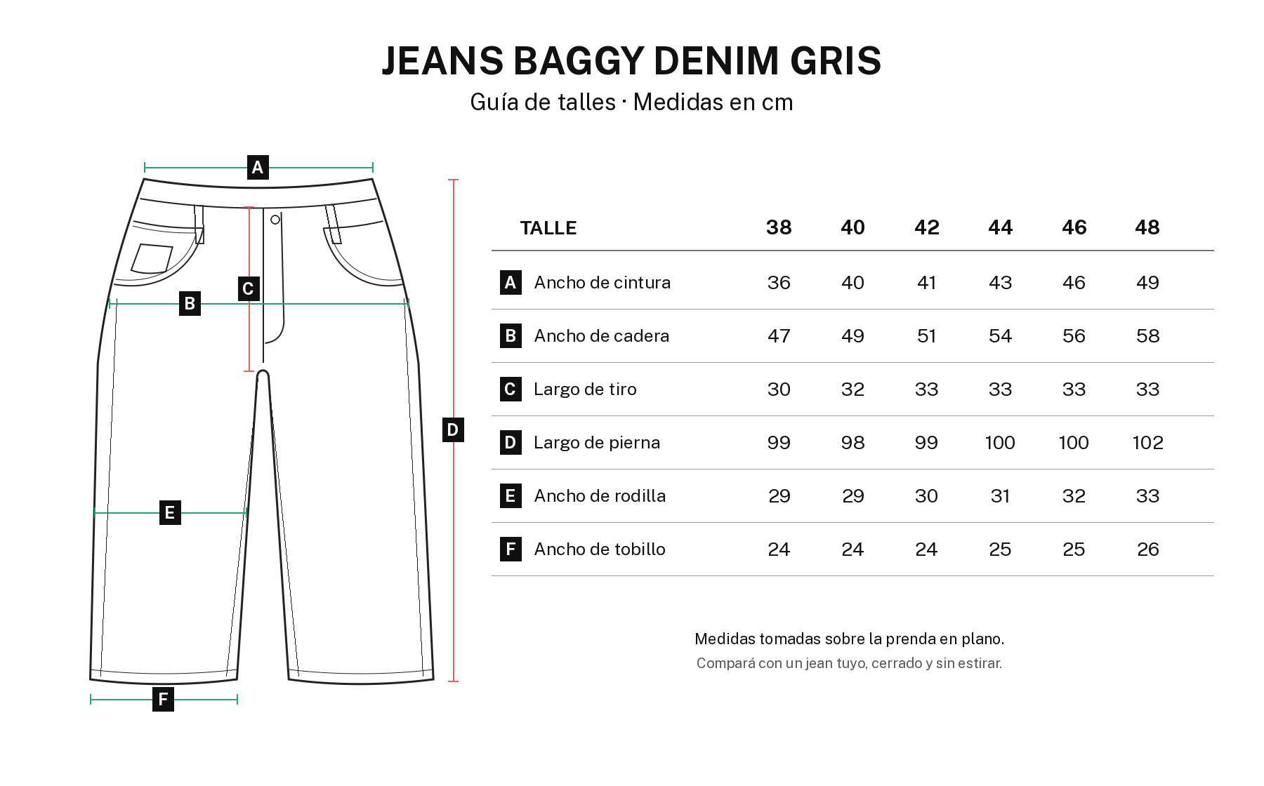 Guía de talles JEANS BAGGY DENIM GRIS: medidas en centímetros, talles 38 al 48 y dibujo de calce baggy