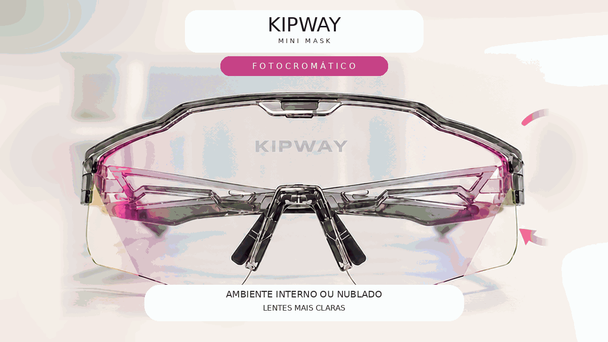 Óculos esportivo Kipway Mini Mask fotocromático com demonstração da mudança de tonalidade das lentes conforme a luminosidade do ambiente.