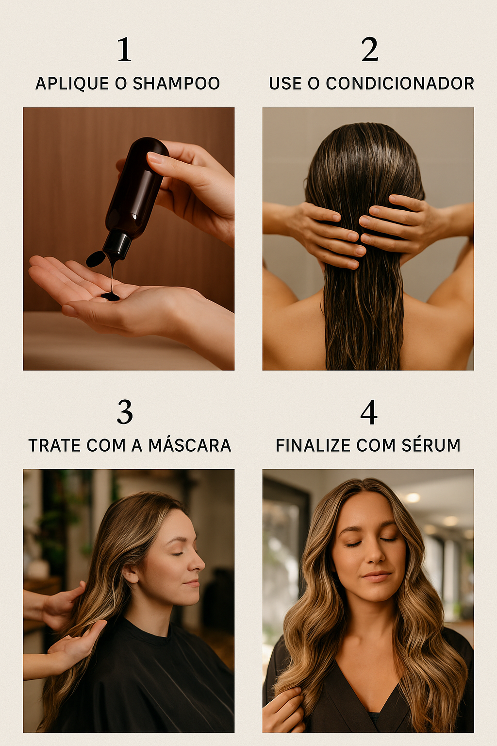 Aplicação do shampoo Pura Casta nos fios; textura leve e cremosa