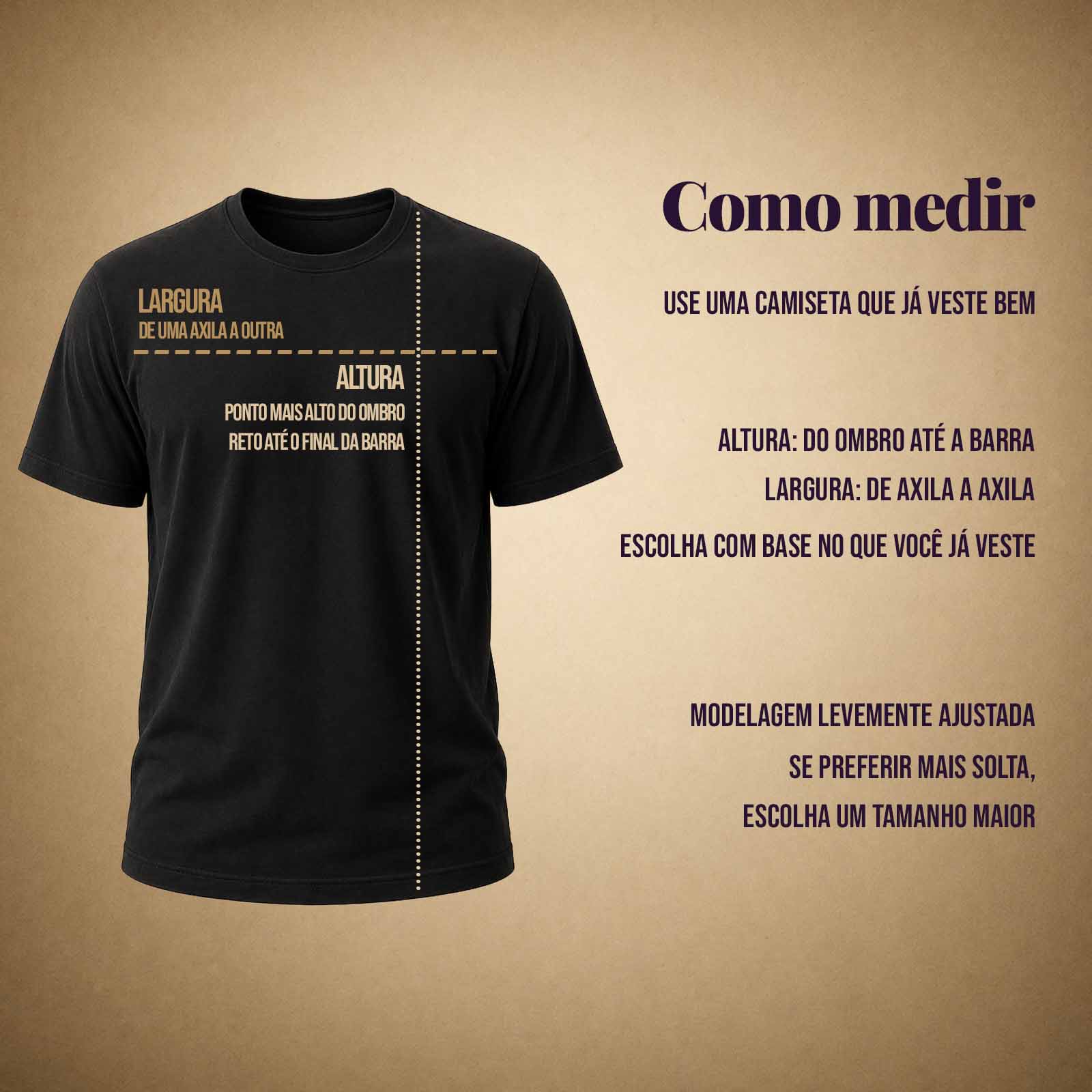 Guia de tamanhos camiseta unissex como medir altura e largura Nas Antigas
