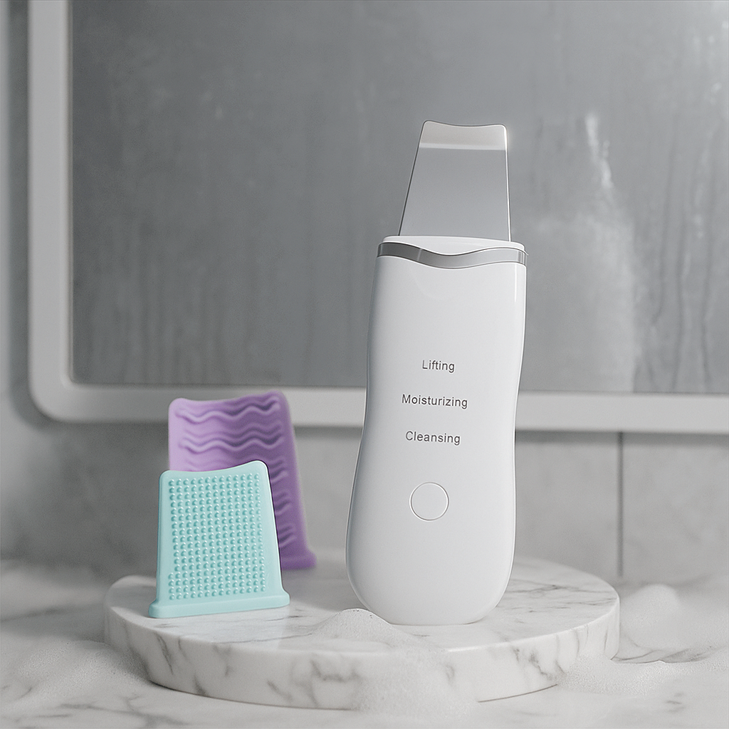Espátula Facial Ultrasónica en un pedestal con cepillos de silicona