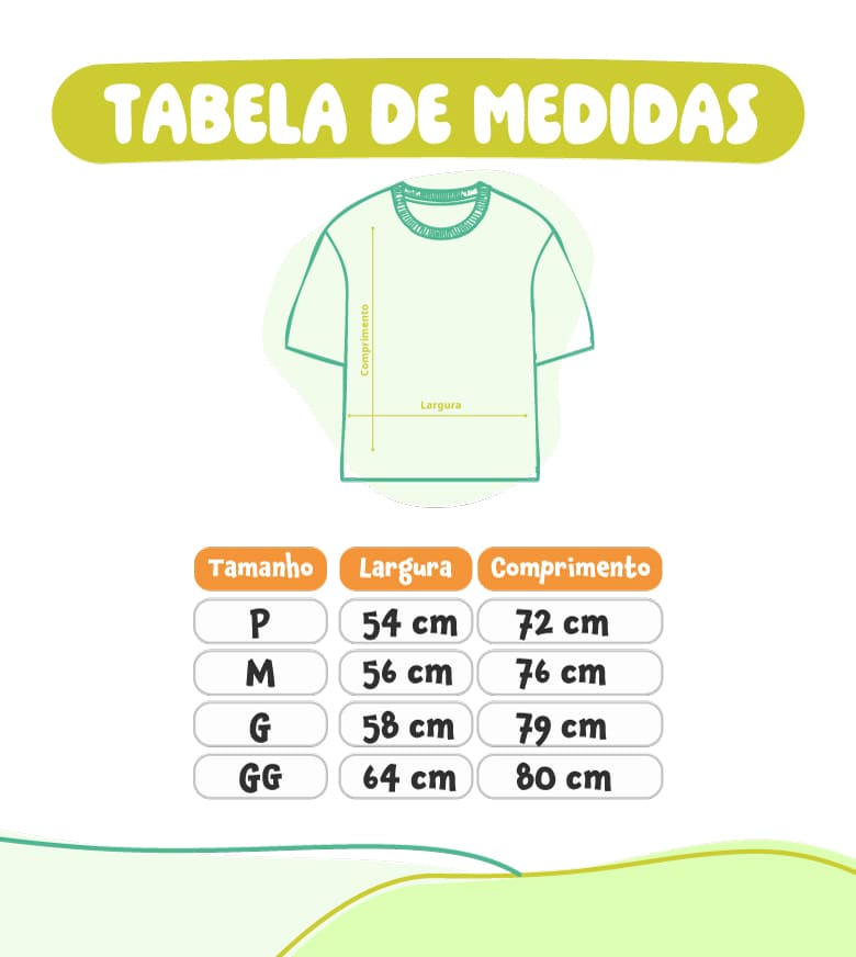 Tabela de medidas camiseta adulto oversized