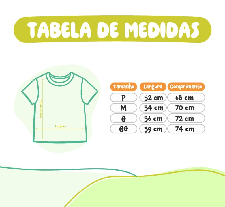 Tabela de medidas camiseta de algodão adulto 