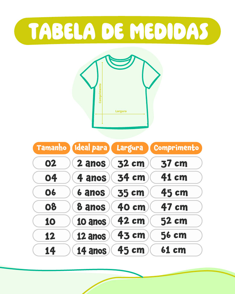 Tabela de medidas das camisetas infantis de algodão 
