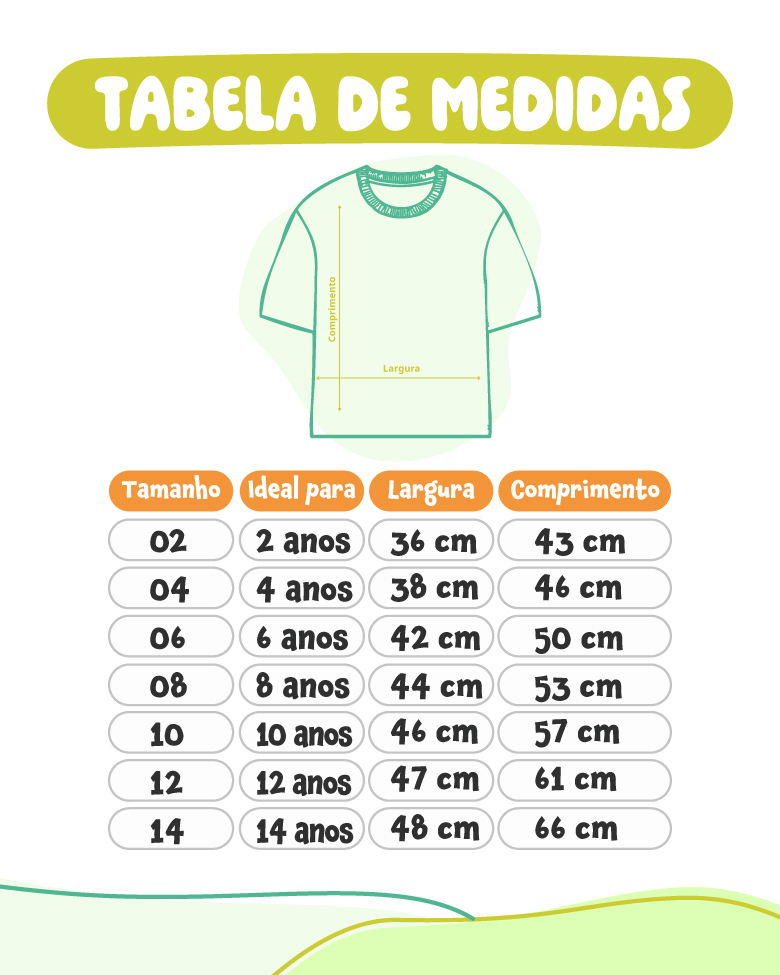 Tabela de medidas das camisetas infantis oversizeds