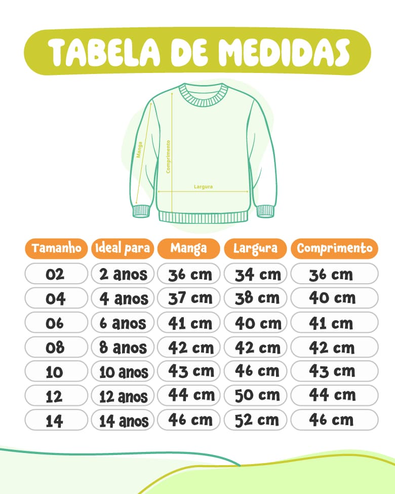 Tabela de medidas dos moletons infantis
