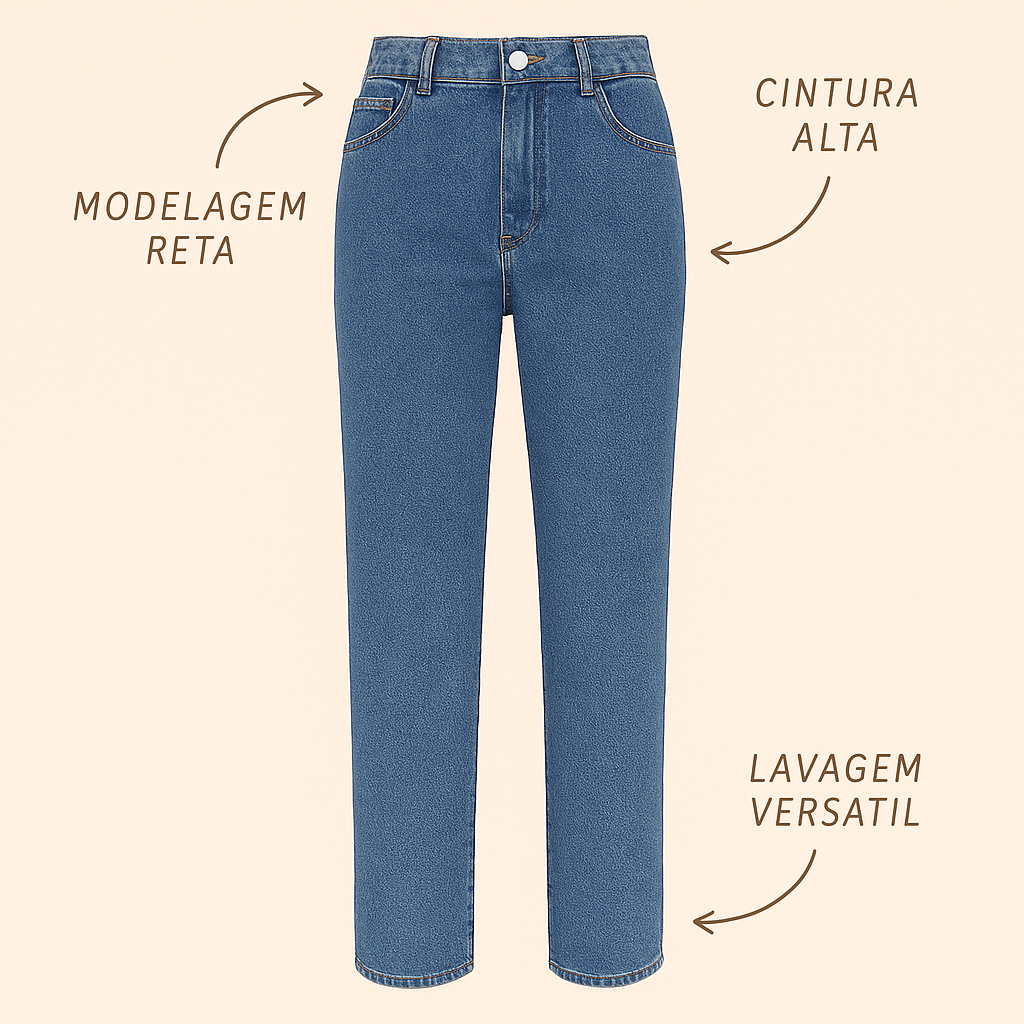 Calça jeans reta Bella Pimenta com diferenciais em destaque