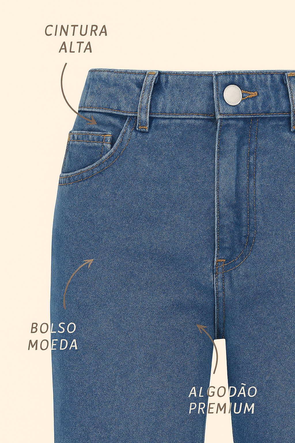 Close dos detalhes em jeans 100% algodão