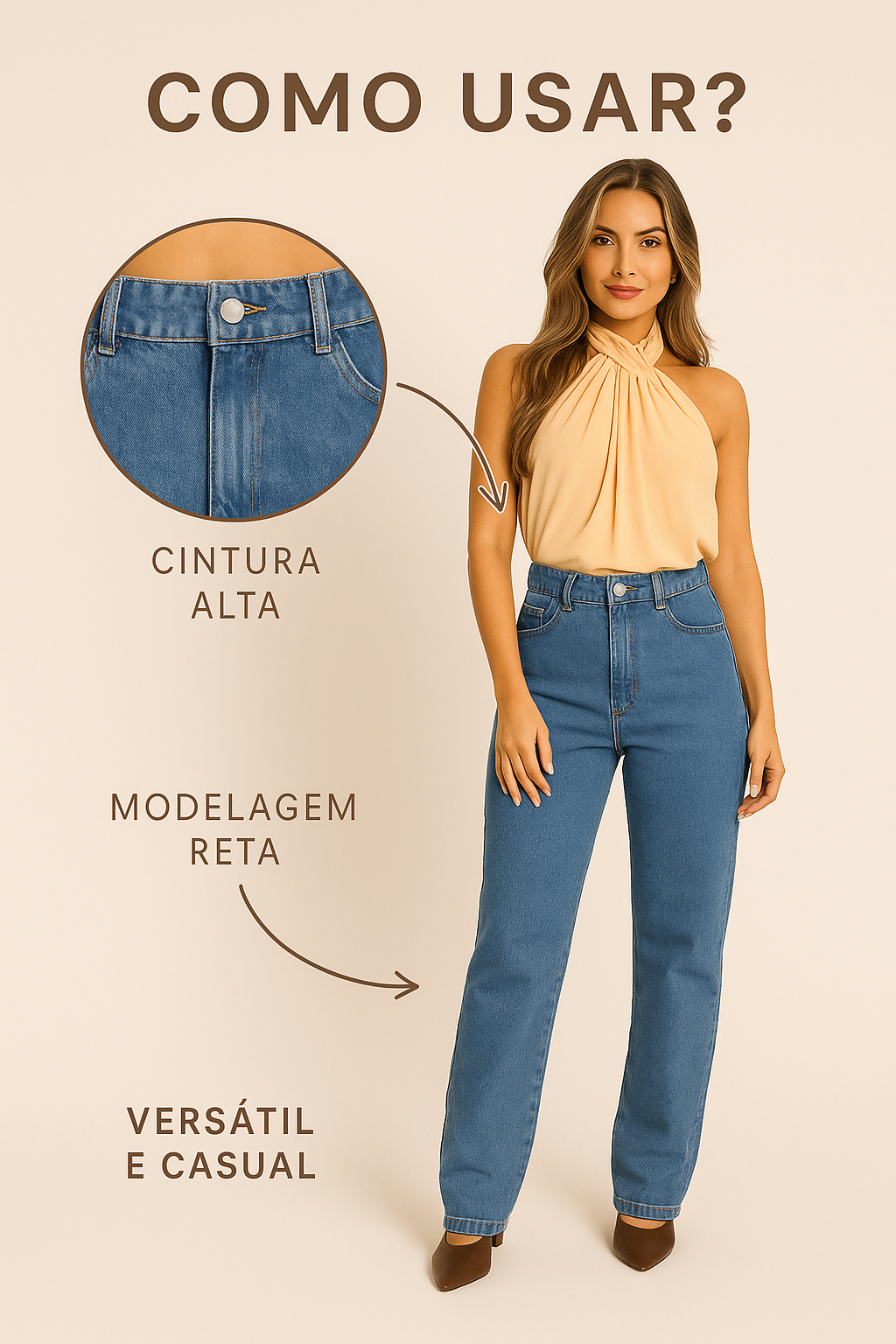 Modelo usando calça jeans Bella Pimenta com visual sofisticado