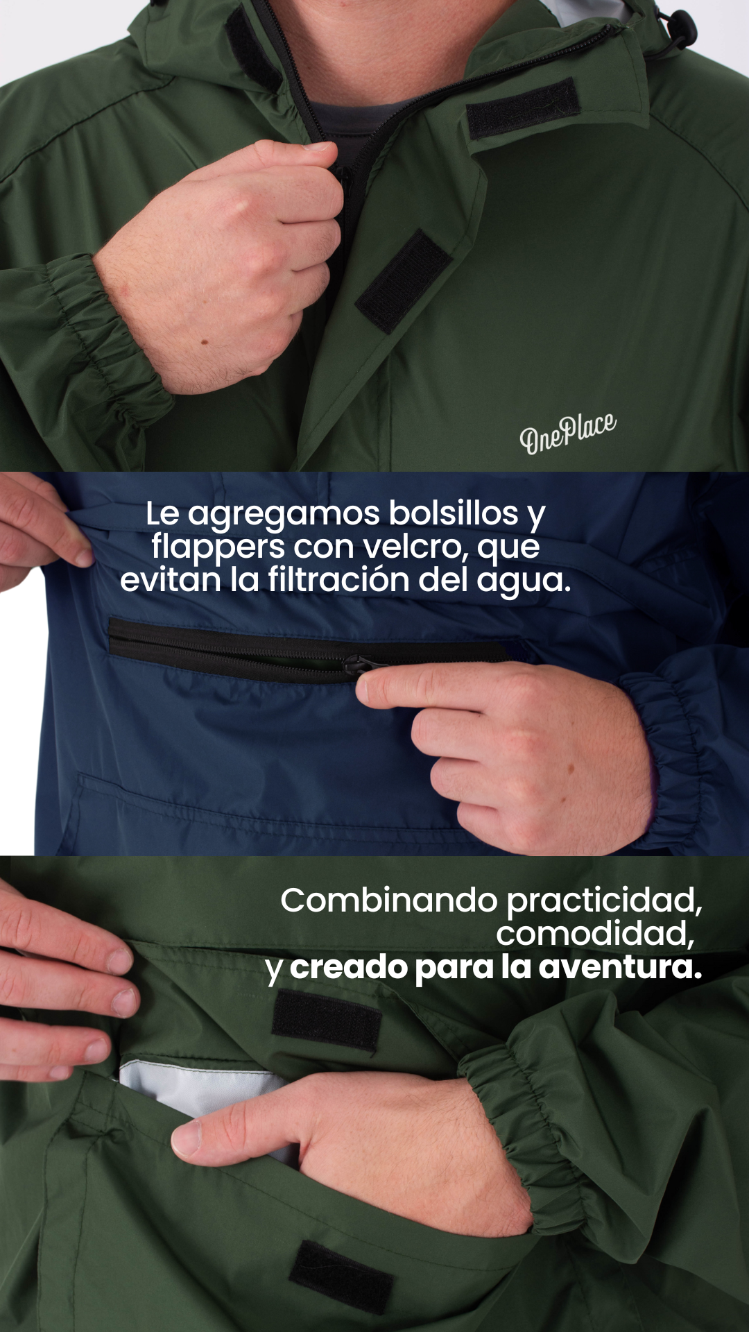 Le agregamos bolsillos y  flappers con velcro, que  evitan la filtración del agua. Combinando practicidad, comodidad,  y creado para la aventura.