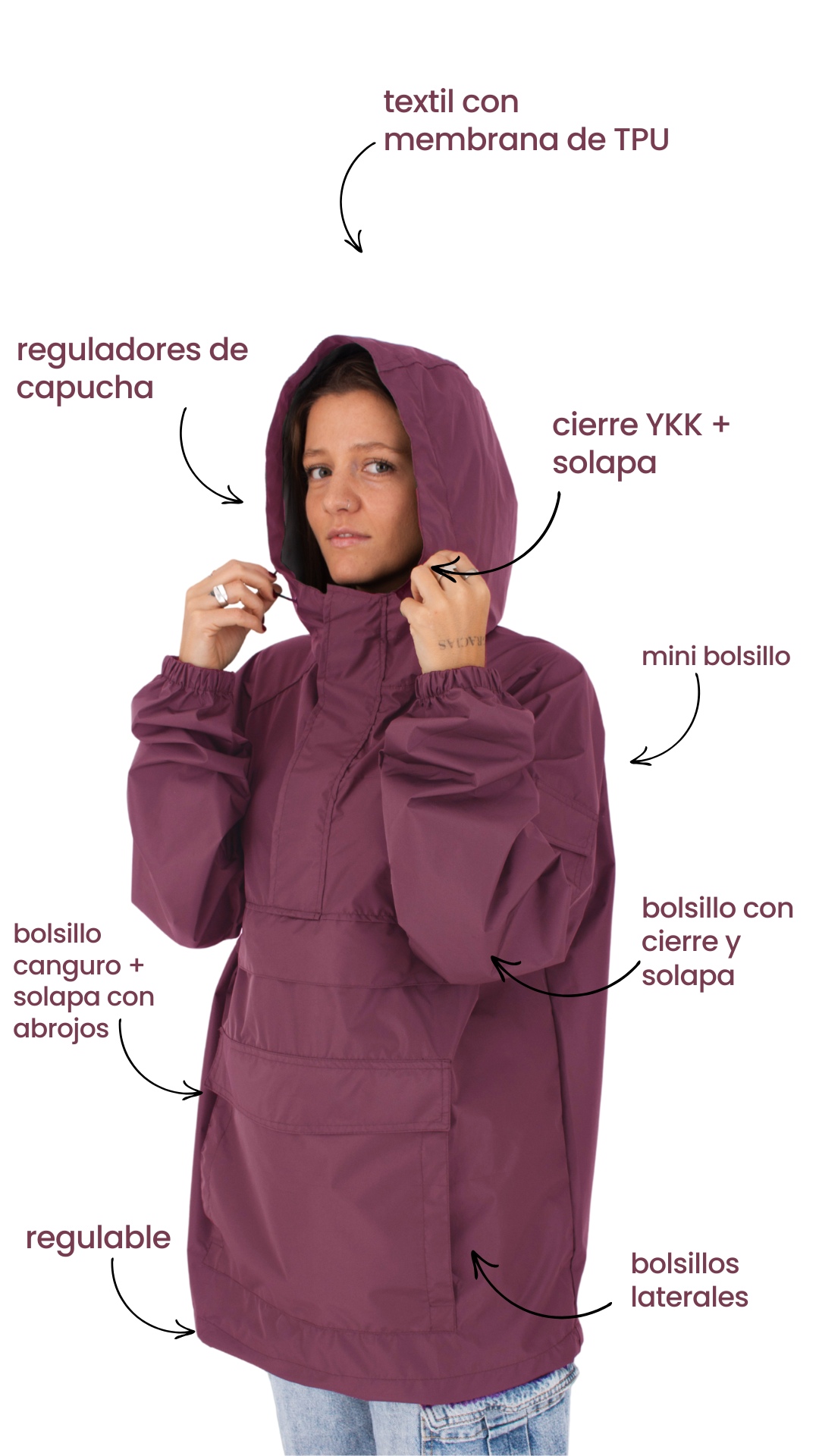 textil con membrana de TPU reguladores de capucha mini bolsillo cierre YKK + solapa bolsillo con cierre y solapa regulable bolsillo canguro + solapa con abrojos bolsillos laterales