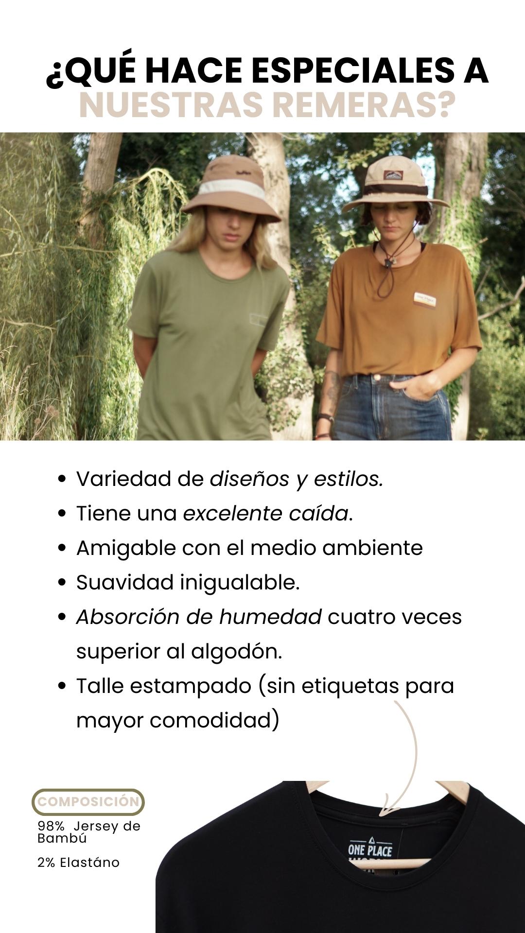Variedad de diseños y estilos. Tiene una excelente caída. Amigable con el medio ambiente Suavidad inigualable. Absorción de humedad cuatro veces superior al algodón. Talle estampado (sin etiquetas para mayor comodidad) ¿QUÉ HACE ESPECIALES A NUESTRAS REMERAS? COMPOSICIÓN  98%  Jersey de  Bambú  2% Elastáno