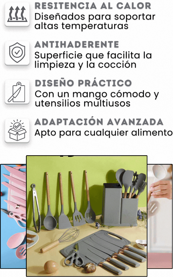Set de utensilios de cocina de silicona con base y tabla de picar