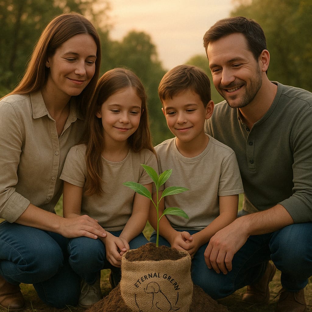 Familia conectada con la naturaleza y una planta joven