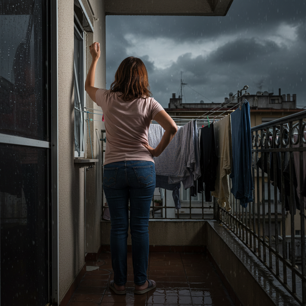 Mujer cansada colgando ropa en mal clima