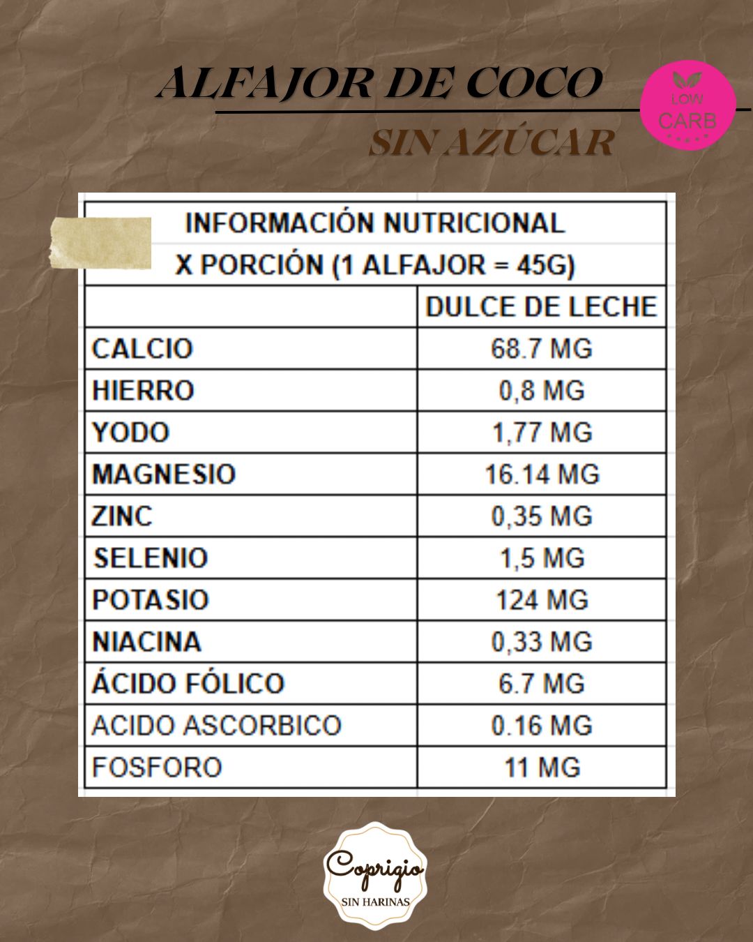 Alfajor de coco y dulce de leche sin azucar sin harinas sin tacc