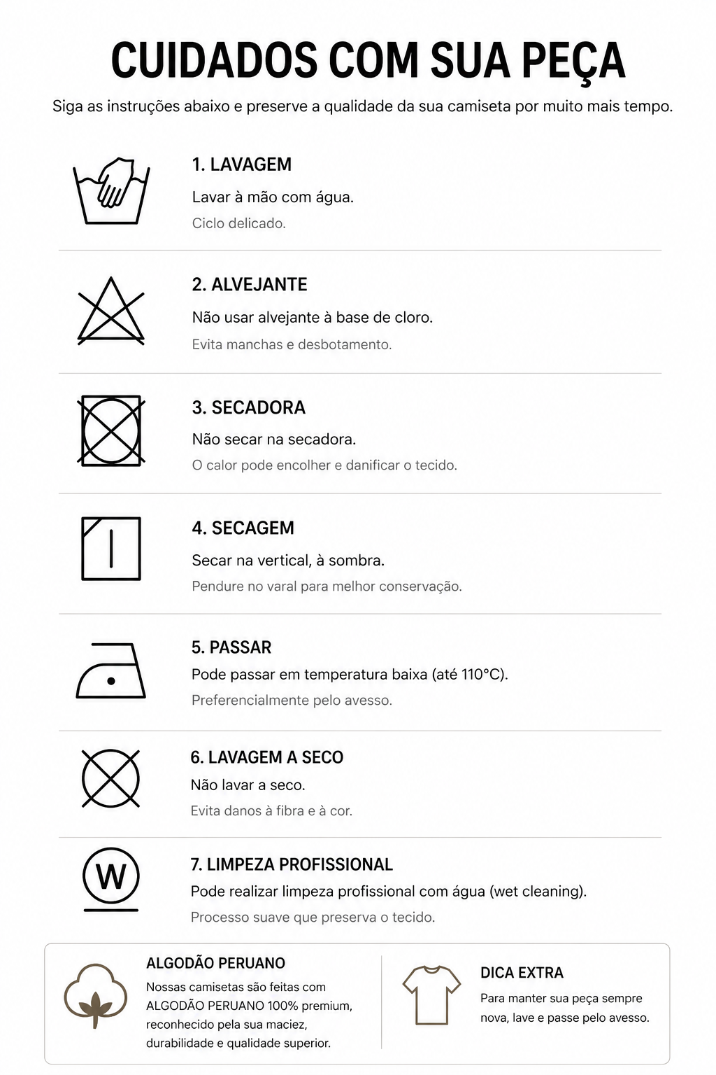 A imagem apresenta um resumo dos principais cuidados que se deve ter com o produto, abordando formas de lavagem, secagem e manuseio do produto.