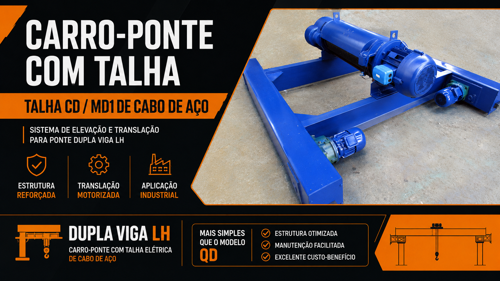Carro-ponte com talha CD MD1 de cabo de a&ccedil;o para ponte dupla viga LH