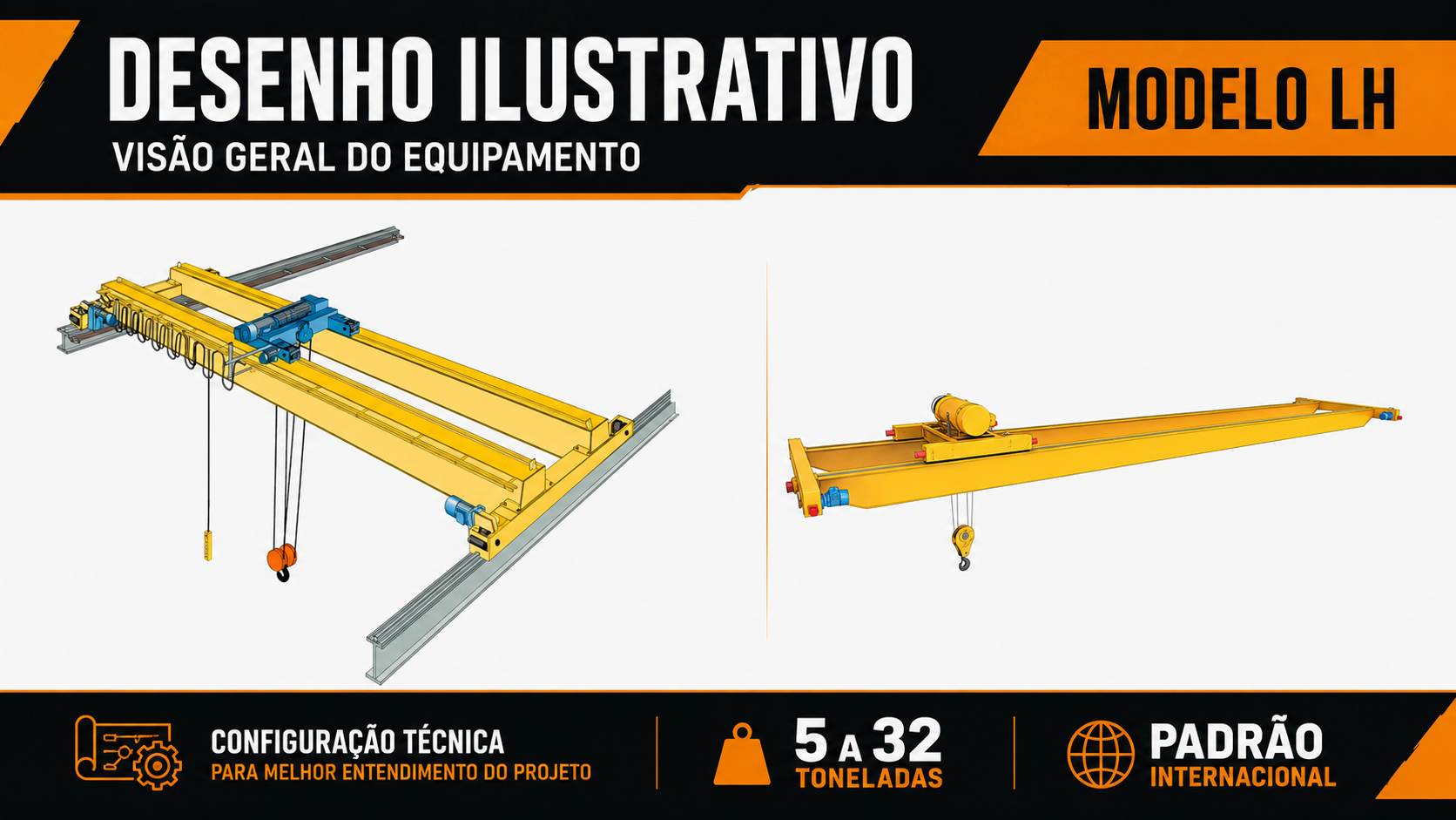 Desenho ilustrativo da Ponte Rolante Dupla Viga com Talha El&eacute;trica MTi modelo LH