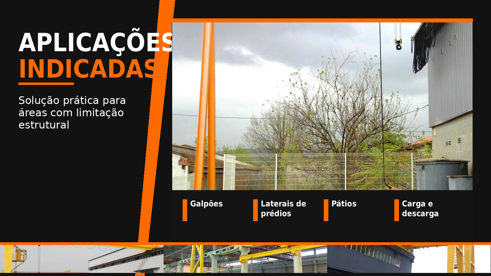Aplica&ccedil;&otilde;es indicadas para Semi P&oacute;rtico El&eacute;trico MTi em galp&otilde;es oficinas p&aacute;tios e &aacute;reas industriais