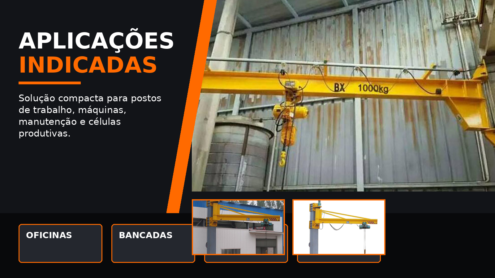 Aplica&ccedil;&otilde;es indicadas para Bra&ccedil;o Girat&oacute;rio de Parede MTi em oficinas linhas de montagem e &aacute;reas industriais