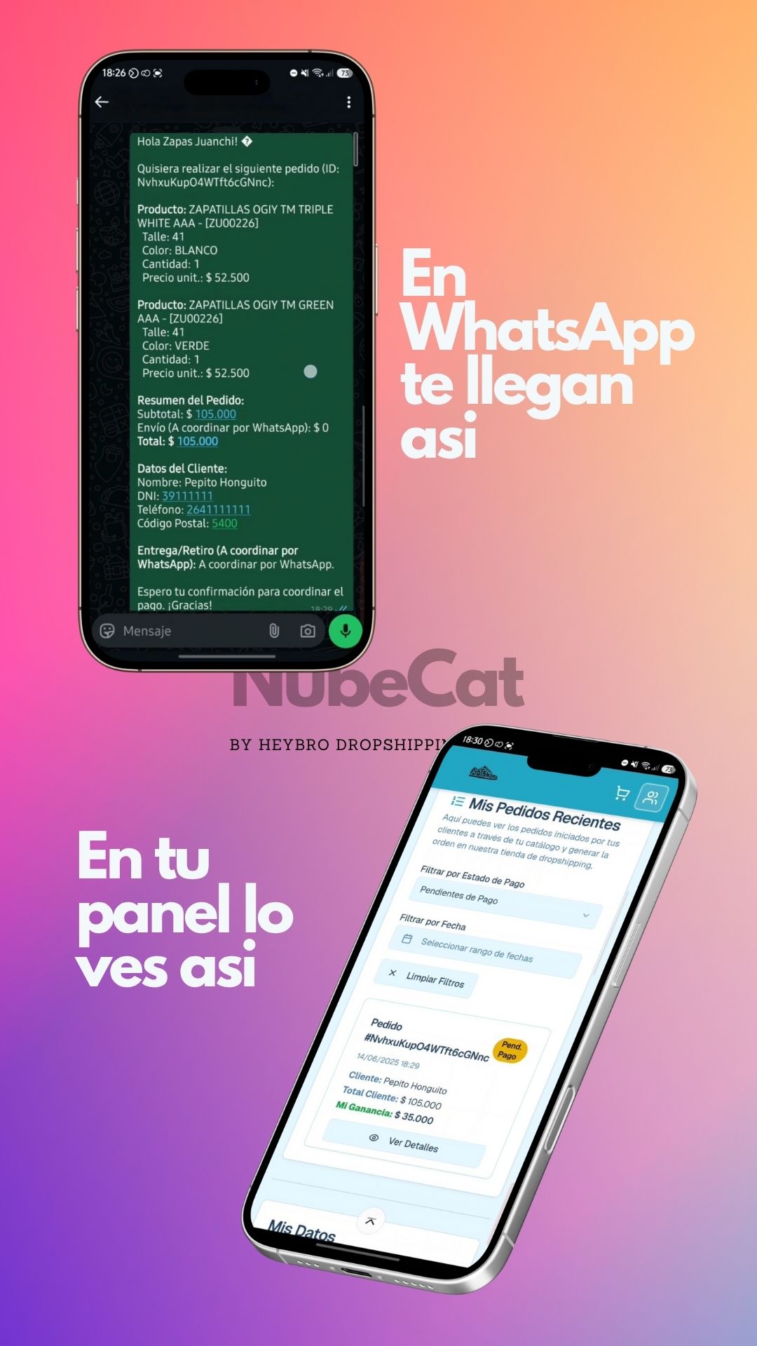 Captura de pedido whatsapp y panel revendedor