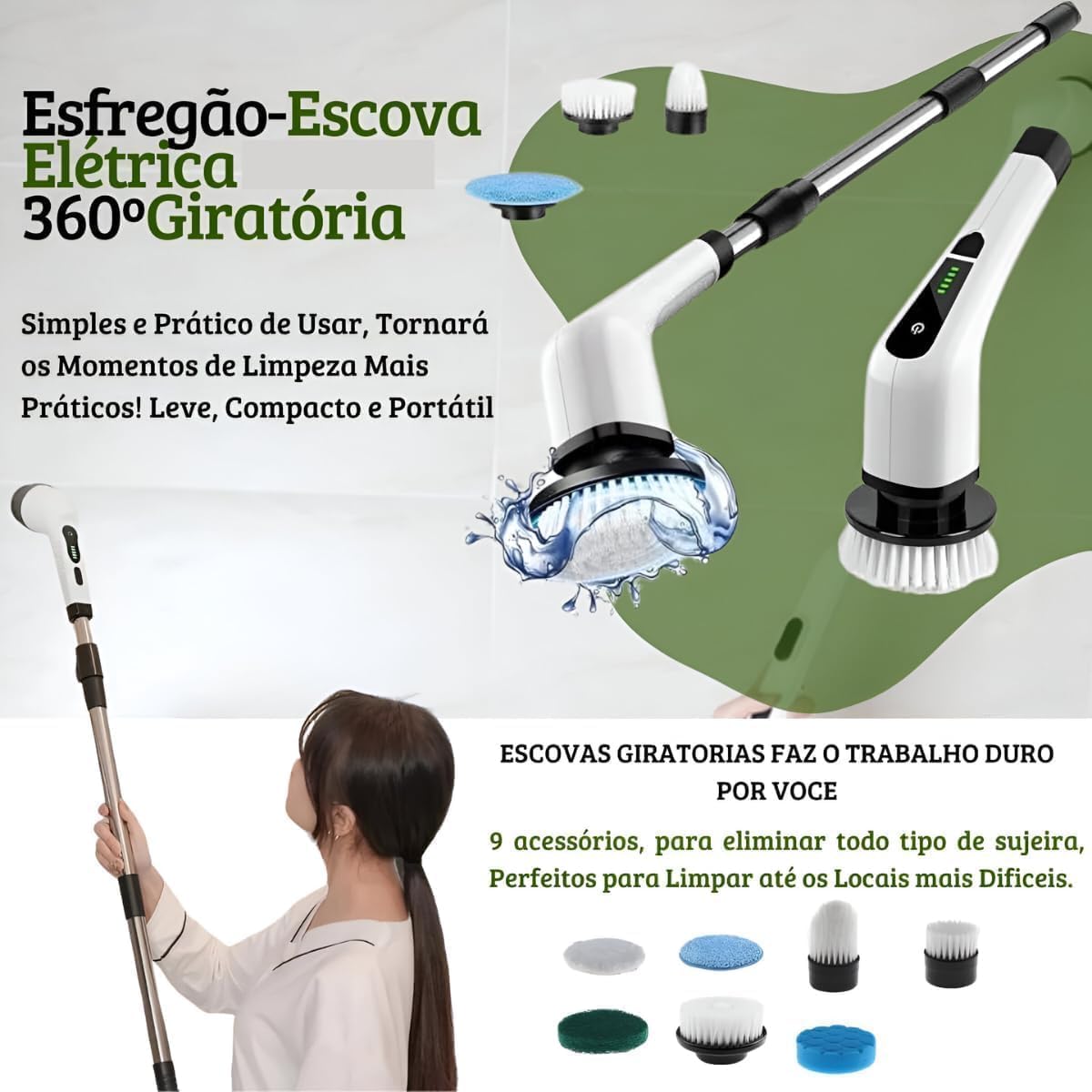 Esfregão Giratório Elétrico Recarregável para Limpeza Pesada
