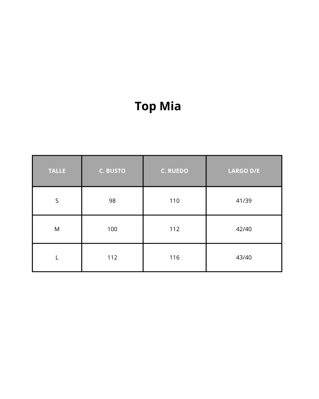 Tabla de medidas - Top Mia
