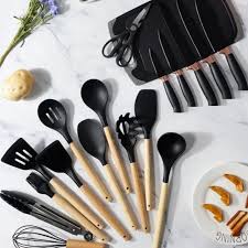 Kit Completo Jogo Utensílios de Cozinha Luxo 19 Peças Com Tábua em Silicone  Espátula Faca Tesoura