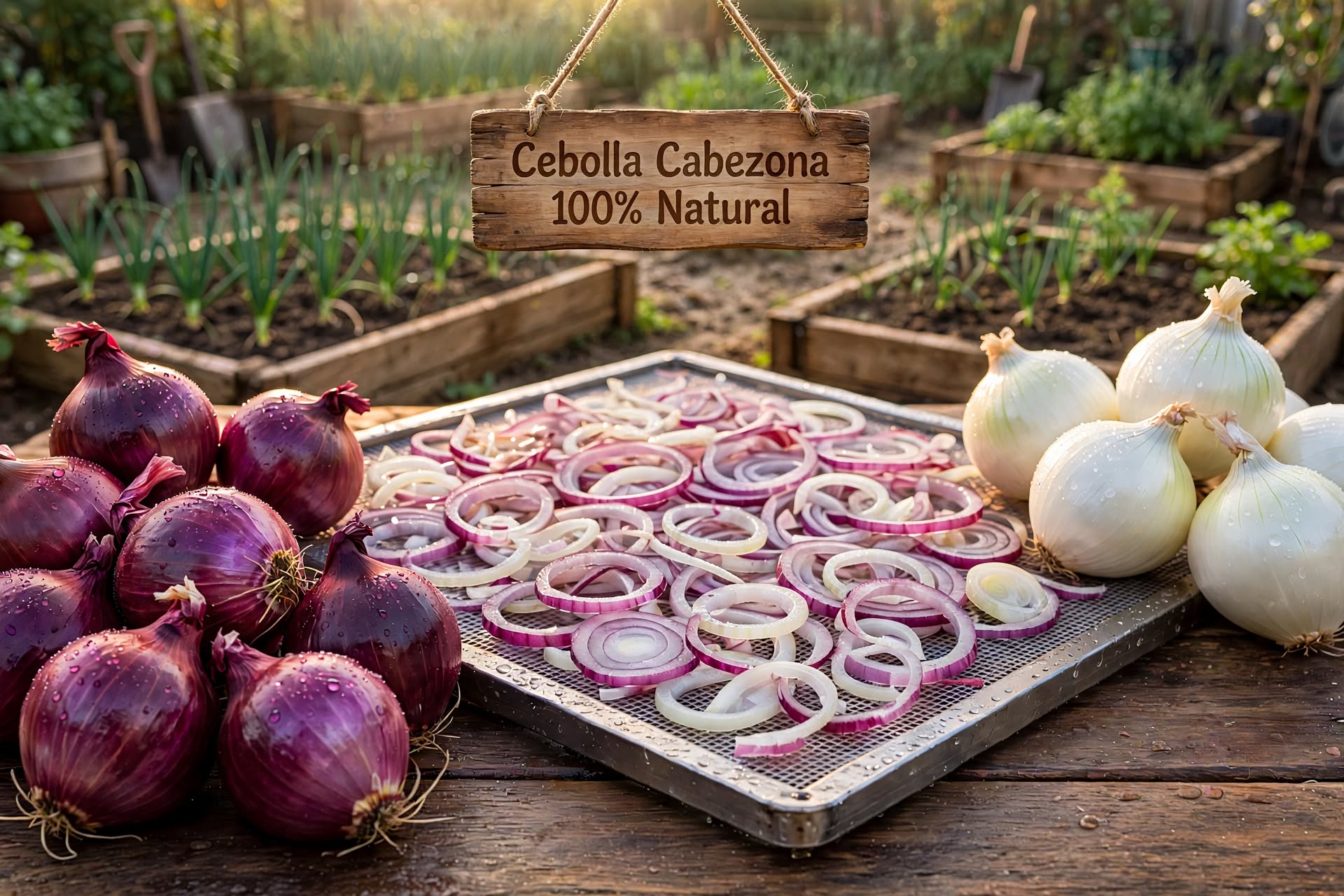 Cebollas cabezonas rojas y blancas recién cosechadas en la finca de Sazonadores Pancha en Marinilla