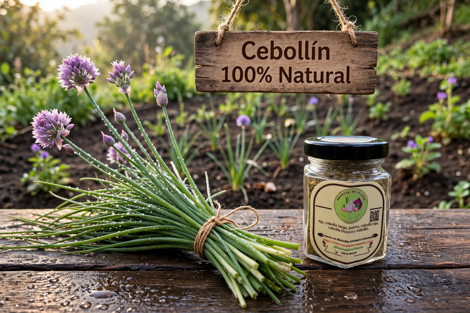 Matas de cebollín con flores lilas en el cultivo agroecológico de Marinilla, Antioquia