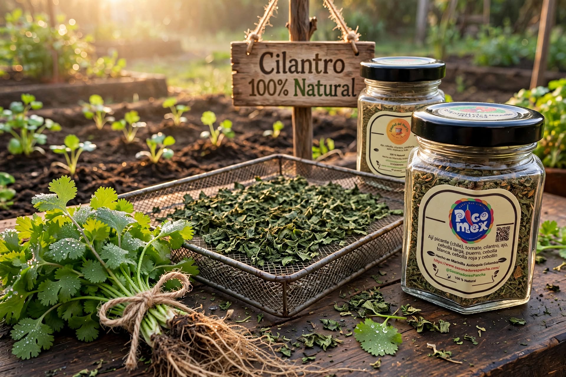 Cilantro fresco recién cortado en la finca de Sazonadores Pancha en Marinilla