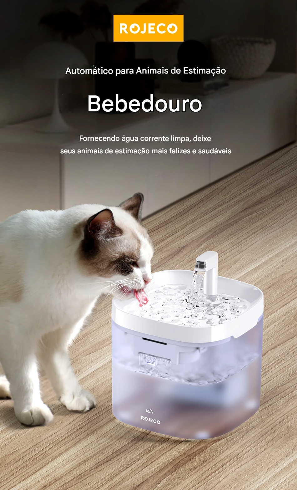 Fonte Rojeeco 1,5L em vis&atilde;o geral com &aacute;gua corrente