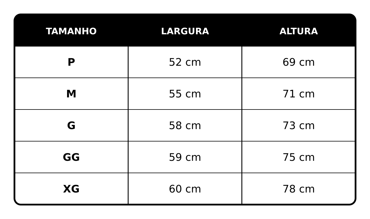 Tabela de medidas Torcedor