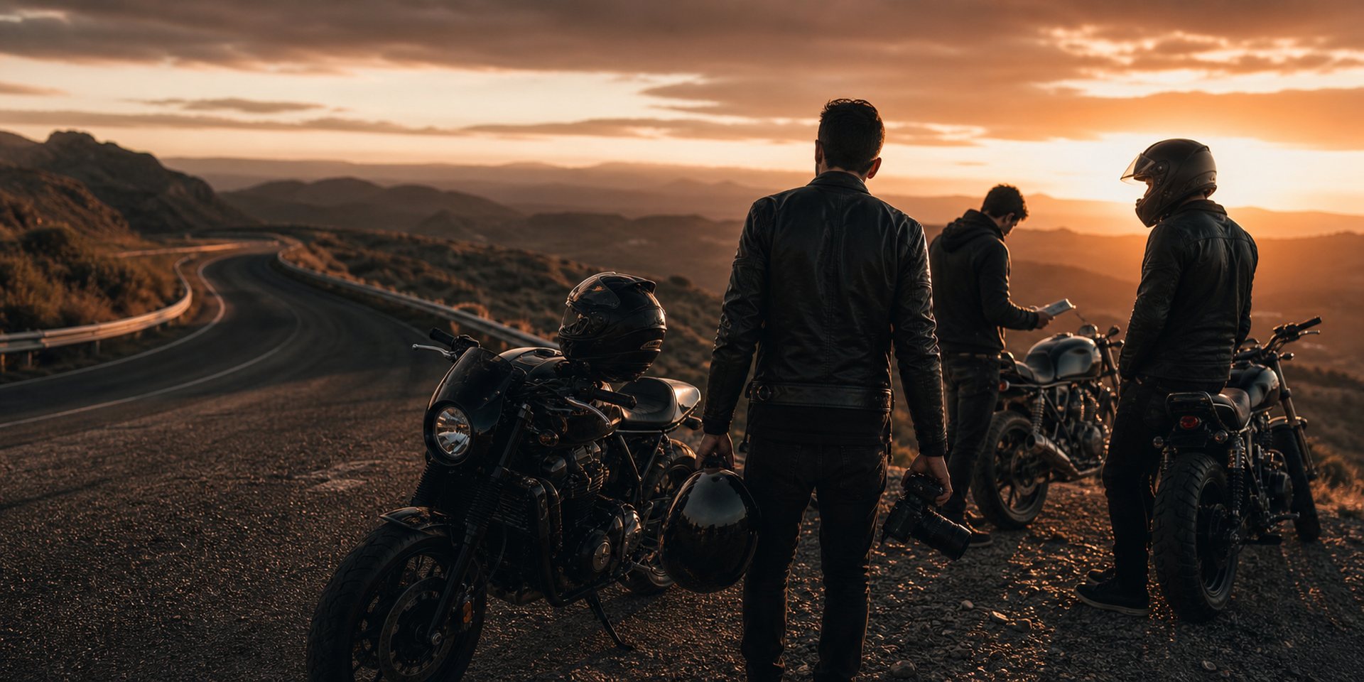 Criadores motociclistas reunidos em uma estrada ao fim do dia