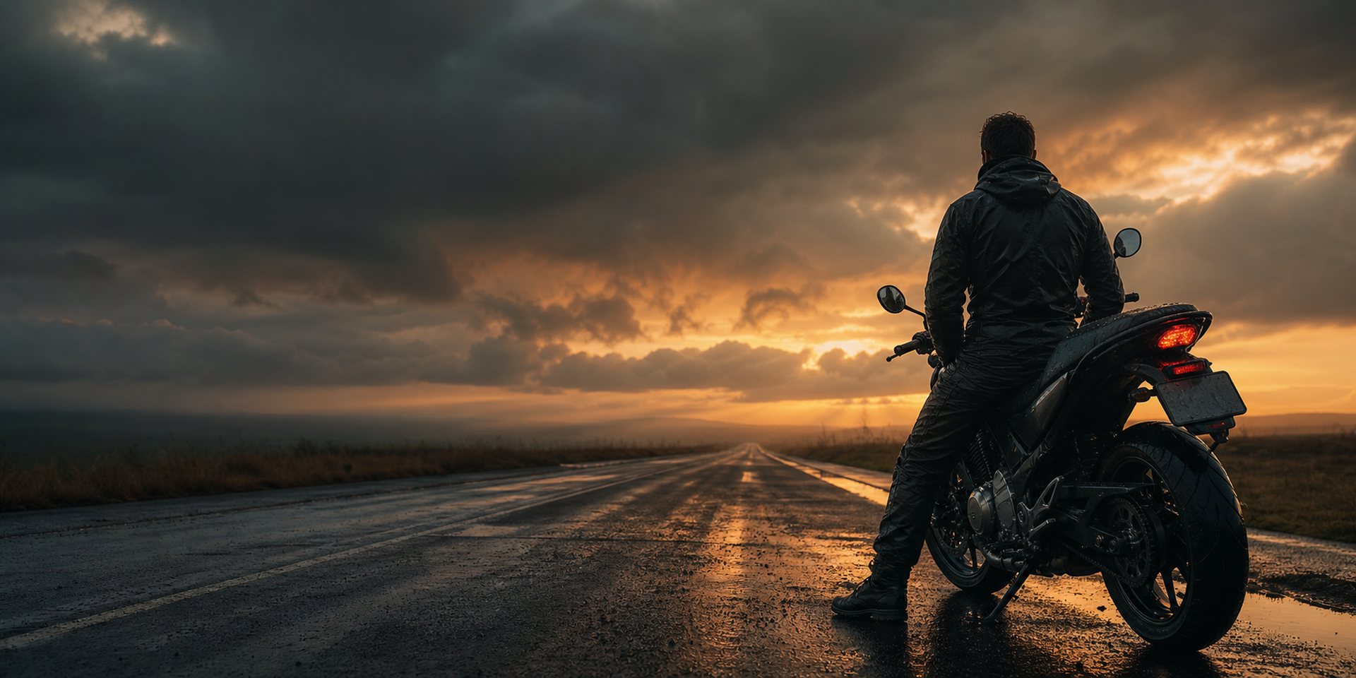 Motociclista diante de uma estrada molhada ao amanhecer