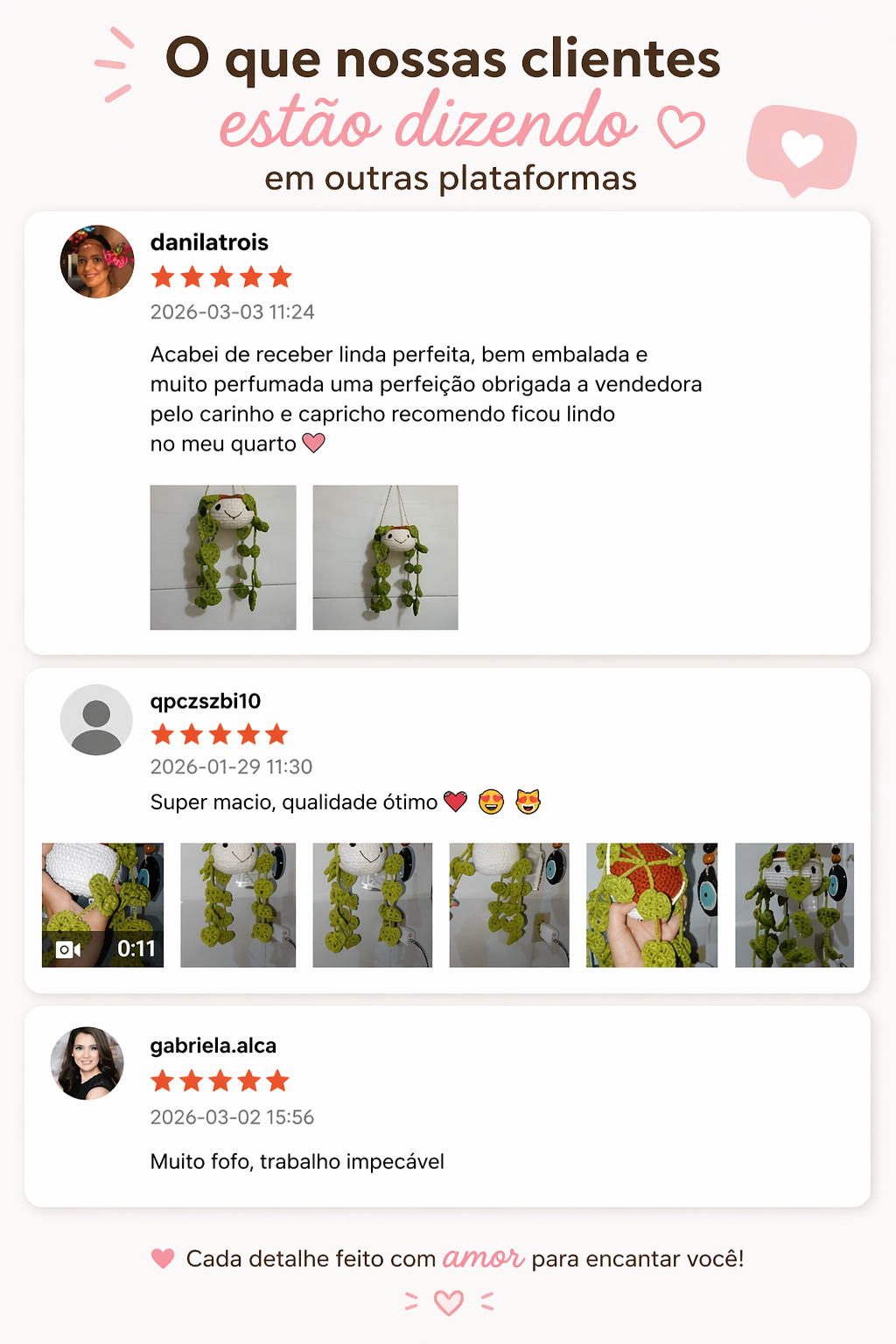 Feedbacks reais de clientes sobre a planta ornamental em amigurumi