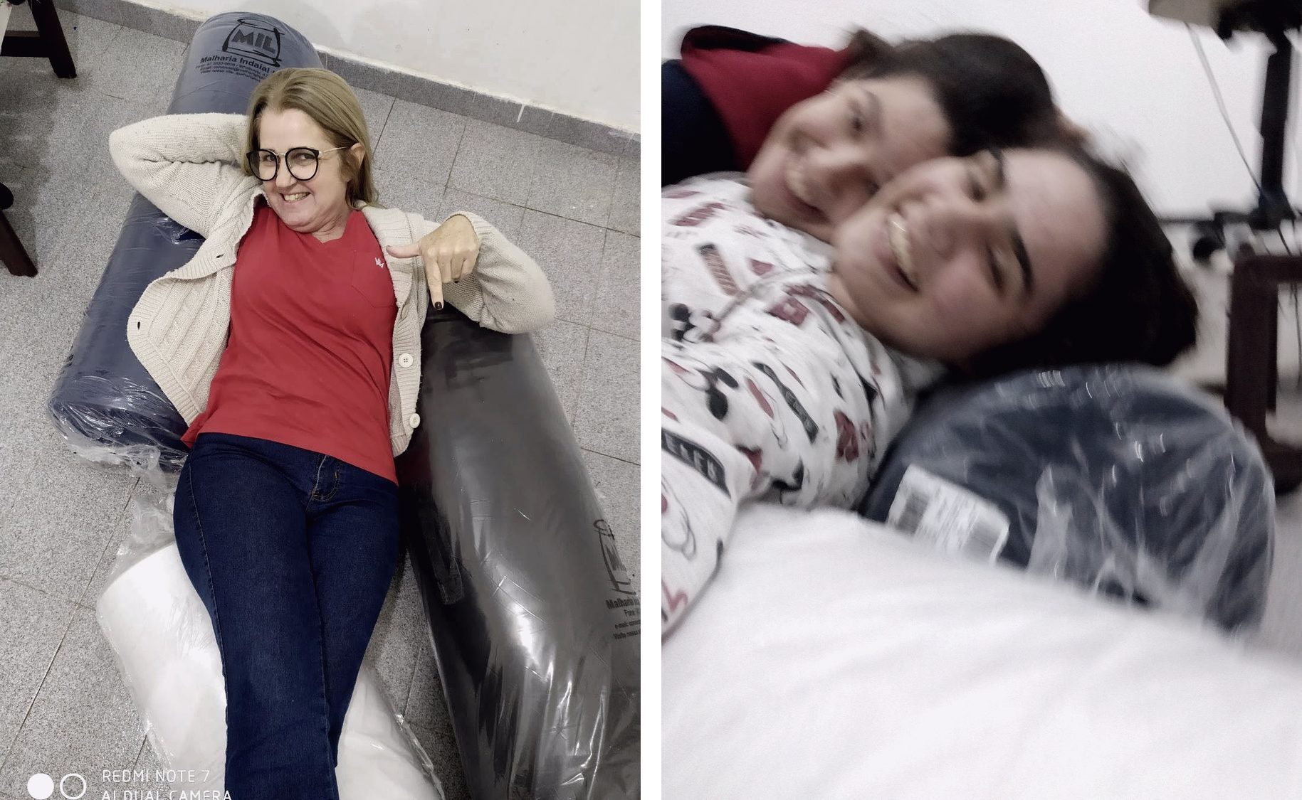 Minha mãe e eu sobre os primeiros rolos de tecido