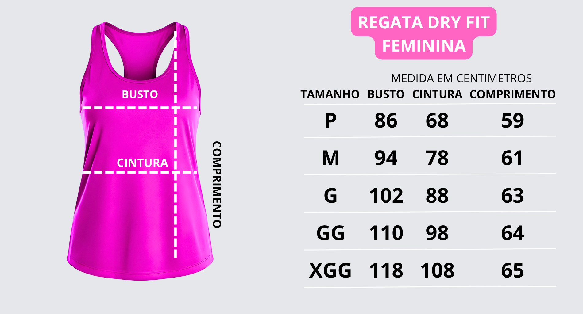 tabela de medidas regata dry fit feminina
