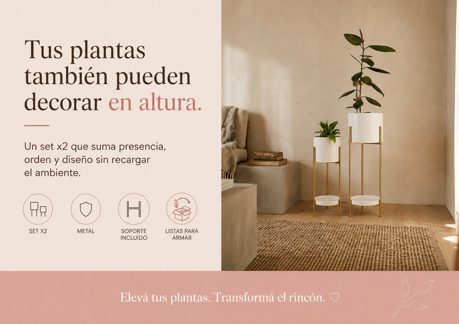 Tus plantas tambi&eacute;n pueden decorar en altura - Set x2 macetas altas con soporte met&aacute;lico